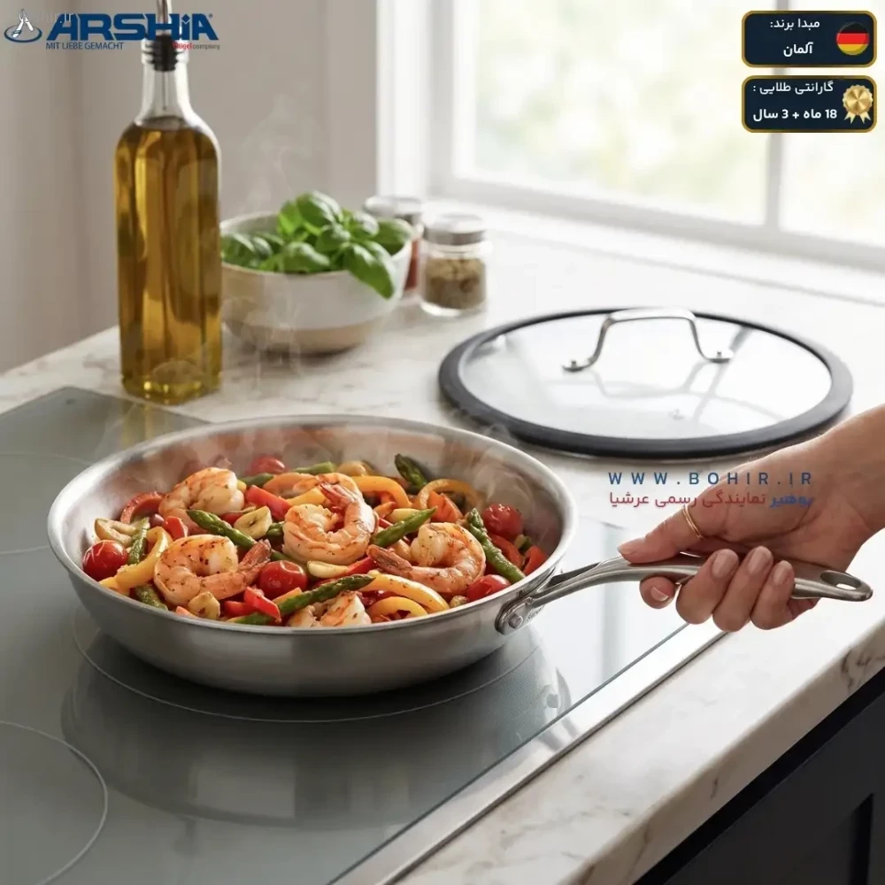 ماهیتابه استیل سه‌لایه 20 سانت عرشیا مدل SS194-3961 درب دار